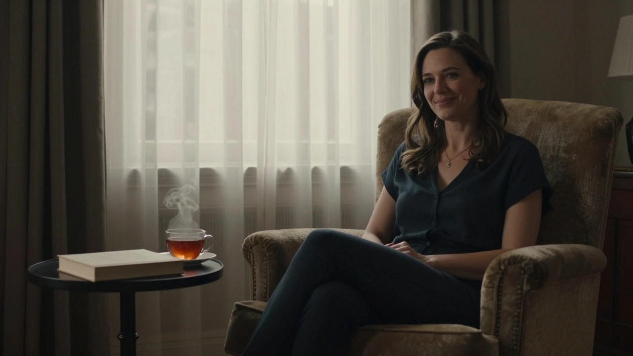 A dignified mature woman in a quiet, elegant apartment setting.