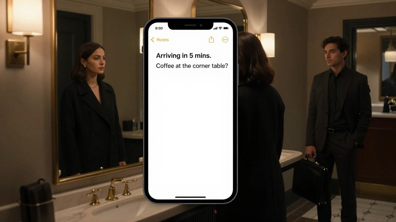 A discreet meeting in a hotel lobby, with a smartphone showing a confirmation message.