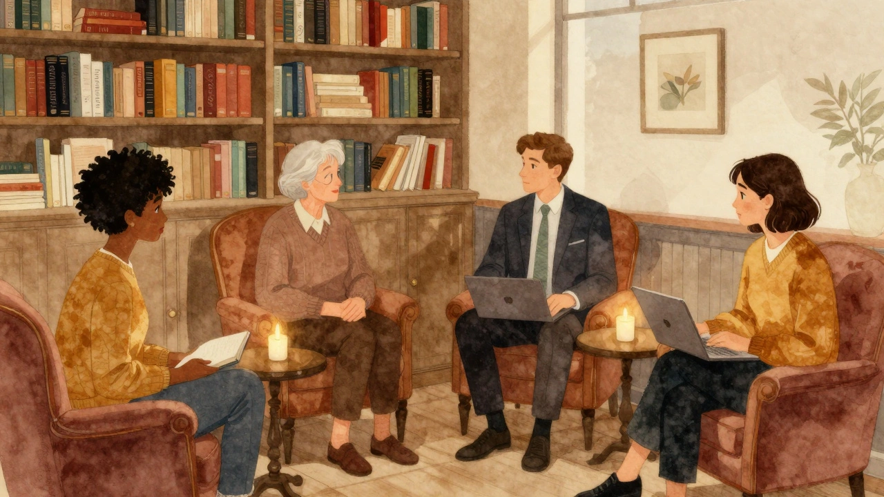 A diverse group of clients and companions sharing calm, meaningful moments in a cozy lounge.