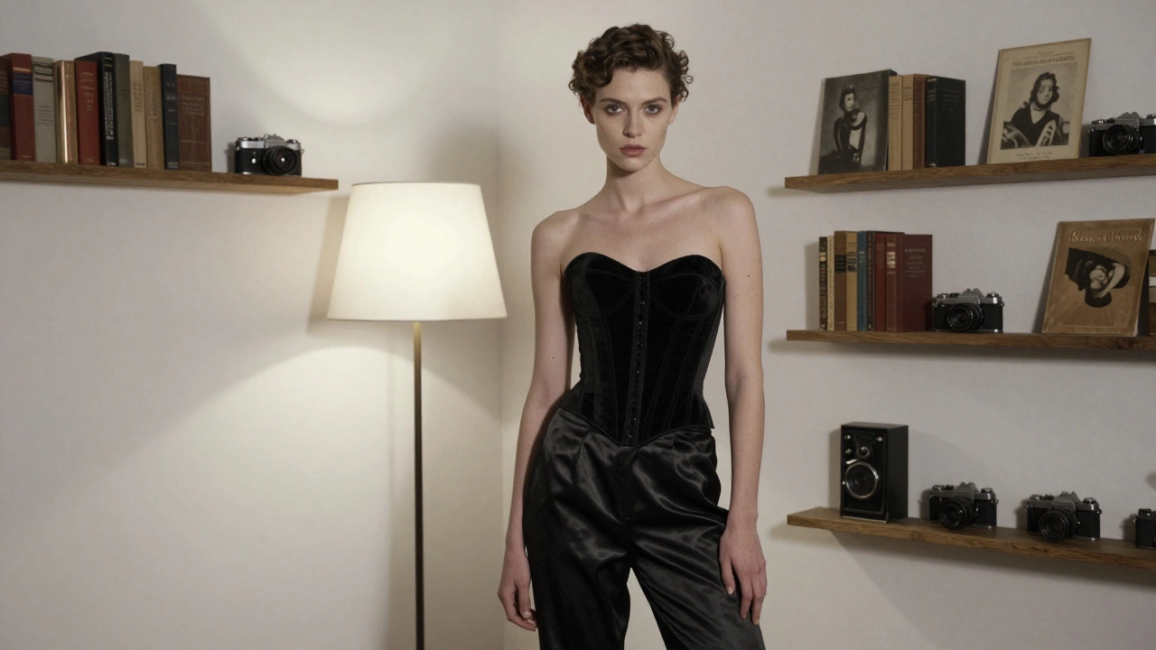 A gender-fluid model in a velvet corset poses in a softly lit Parisian studio, surrounded by art books and vintage cameras.