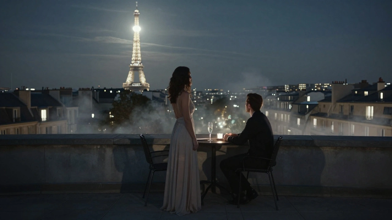 A man and woman on a rooftop terrace at midnight, gazing at the sparkling Eiffel Tower under moonlight.
