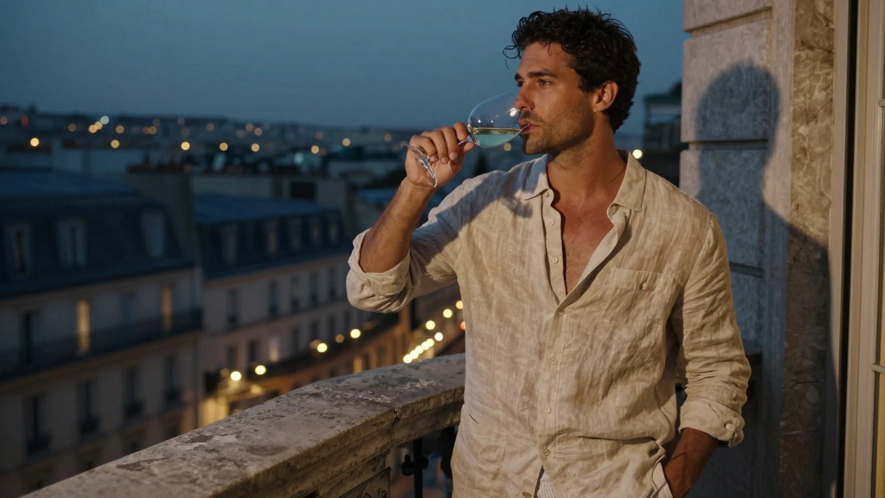 A man in linen stands on a Paris balcony at twilight, holding a glass of wine, overlooking the city lights with quiet poise.