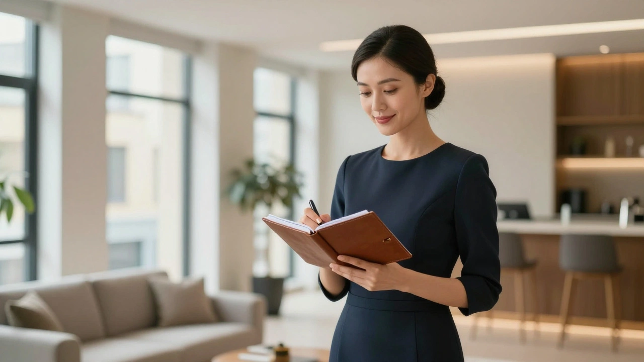 A professional escort in a sleek London apartment lobby reviewing a written agreement with calm confidence.