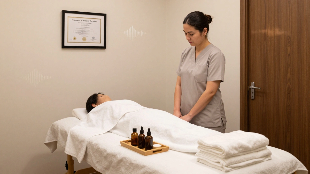 A professional massage studio in London with certified therapist credentials visible, clean towels, and a calm, safe environment.