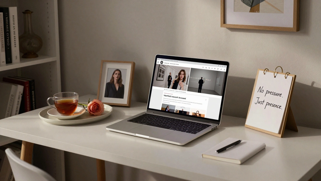 A serene personal workspace in Dalston with a laptop open to a verified escort profile, a rose, and a handwritten note.