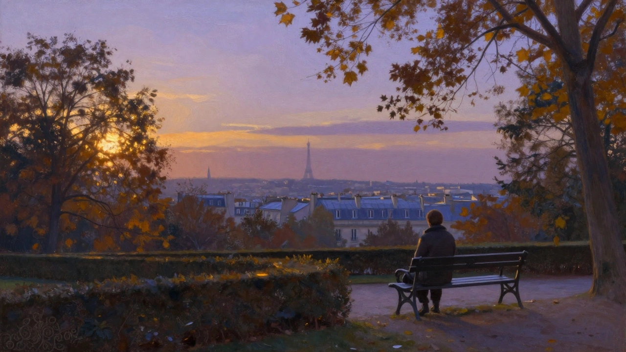A solitary figure stands in Jardin du Ranelagh at dusk, overlooking manicured gardens with the Eiffel Tower faintly in the distance.
