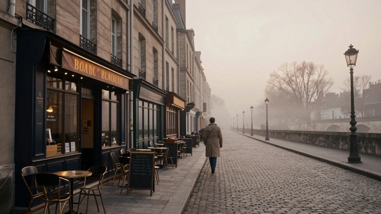 A solitary figure walks away from a discreet building in Saint-Germain-des-Prés at dawn.