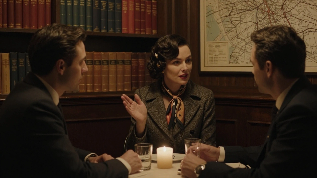 A sophisticated woman conversing intently with a man over candlelight in a Parisian bistro, surrounded by books and a Paris map.