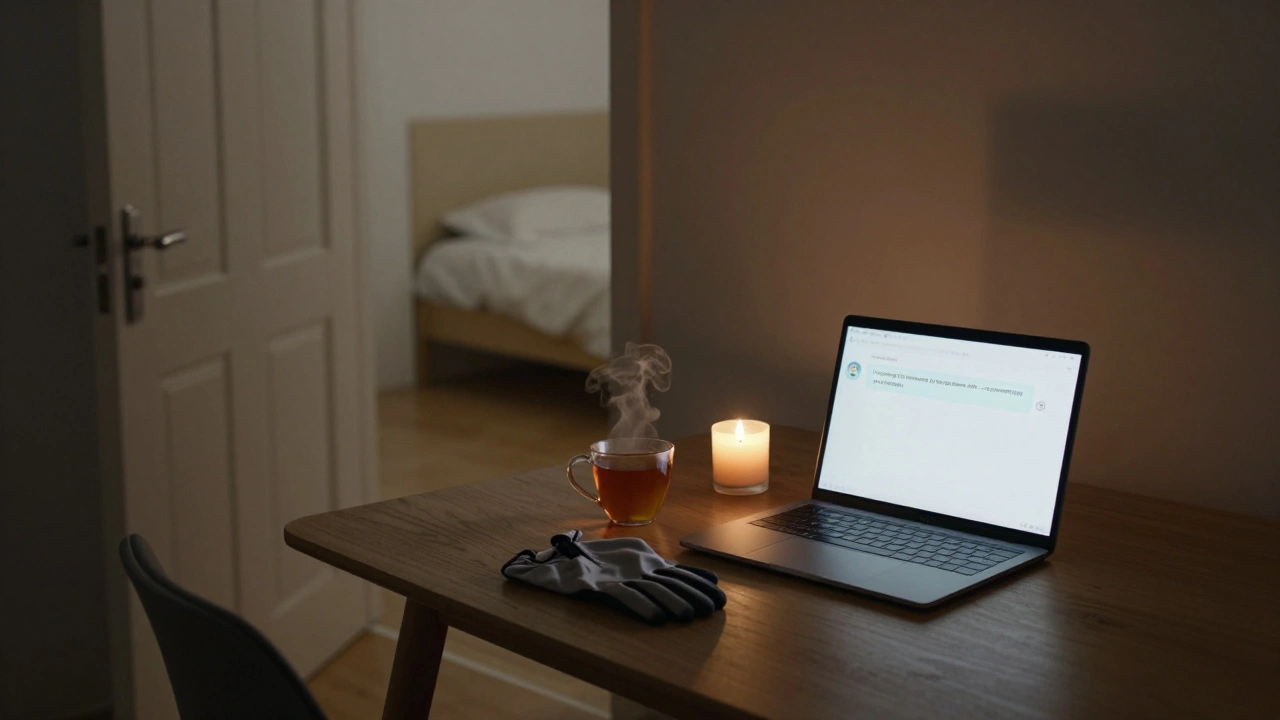 A steaming cup of tea and gloves rest on a table beside a message inviting quiet company, with a single candle glowing nearby.