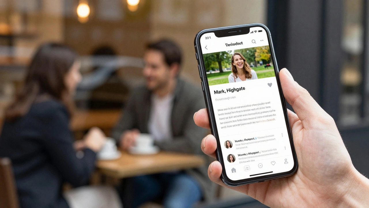 A verified escort profile on a phone screen, shown beside a quiet coffee meet-up, highlighting authenticity and trust.