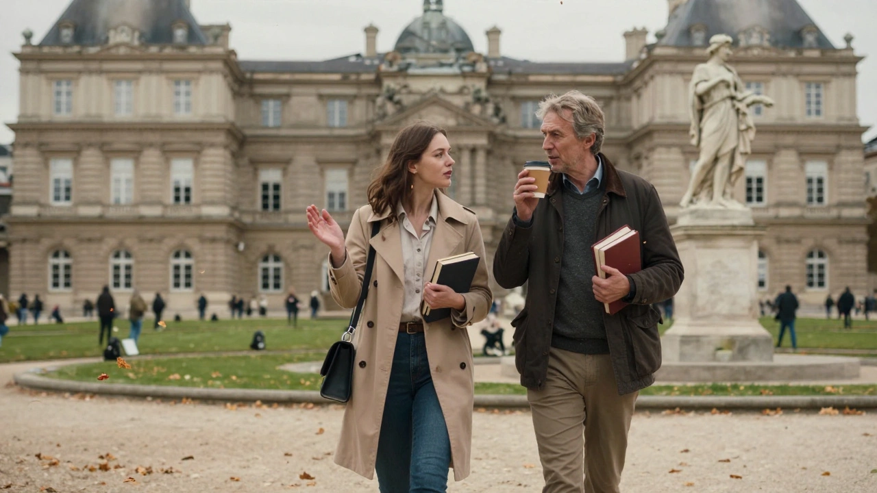 A woman and man walking through Luxembourg Gardens, sharing a quiet moment amid autumn leaves.