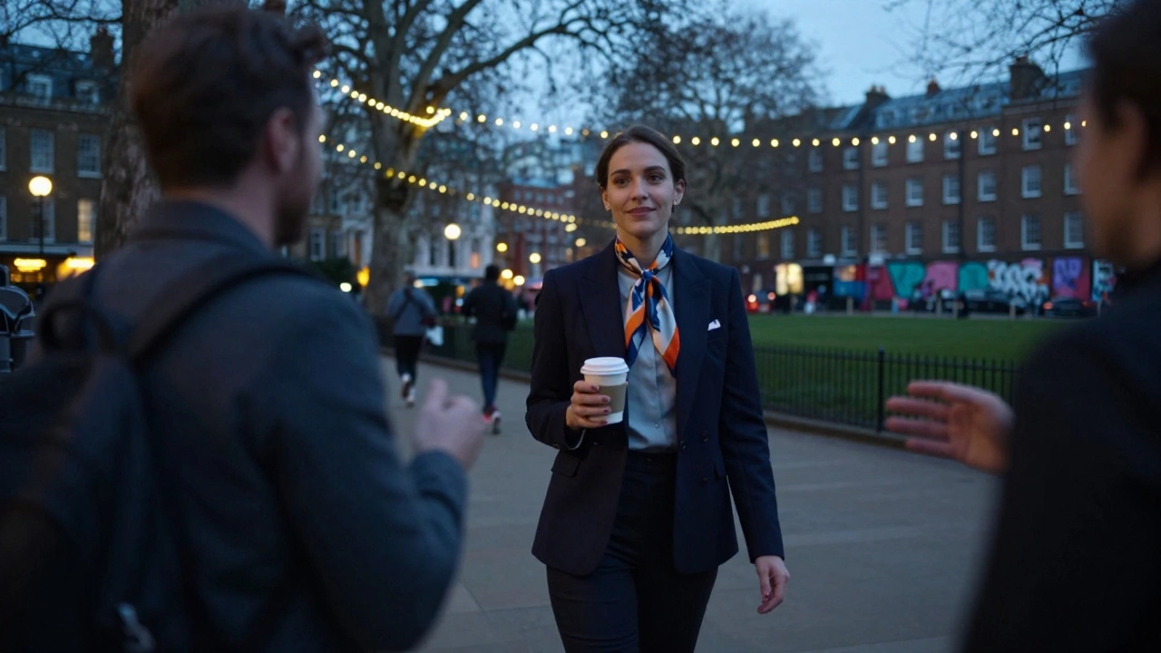 A woman walking beside a client in Victoria Park at dusk, both relaxed and engaged in quiet conversation.