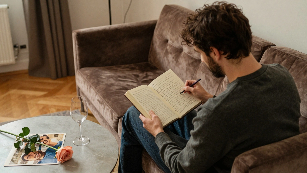 An empty Paris apartment with a journal, rose, and photo, hinting at a meaningful past encounter.