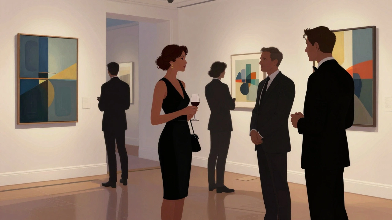 An escort and client enjoying an art gallery opening in London at dusk.