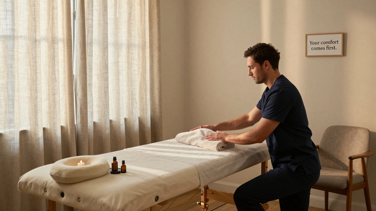 An escort offering a towel to a client in a serene home studio, conveying trust and professionalism.