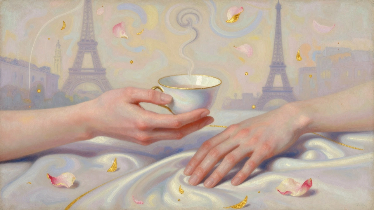 Intertwined hands and floating petals symbolizing intimate connection in Paris.