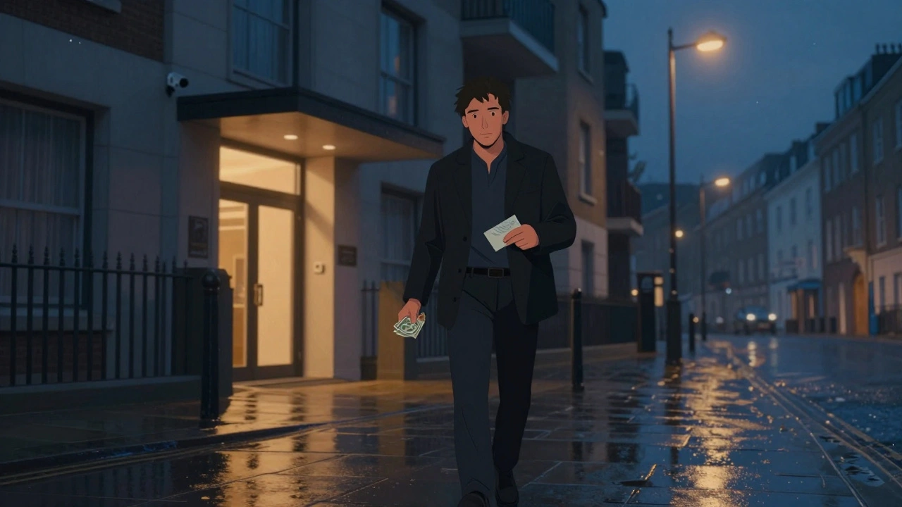 Man walking through Chelsea at dusk, holding cash and a business card, surrounded by safe urban lighting.