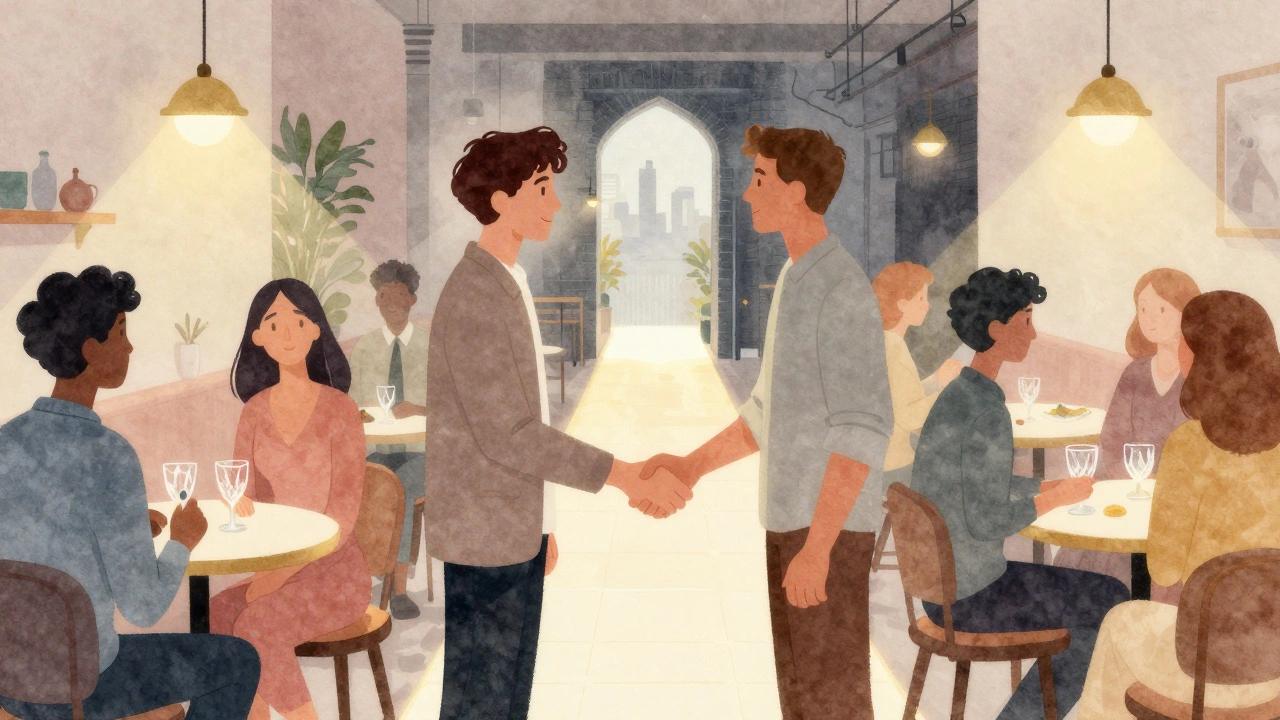 Person in social club with guests, glowing path away from shadowy alley