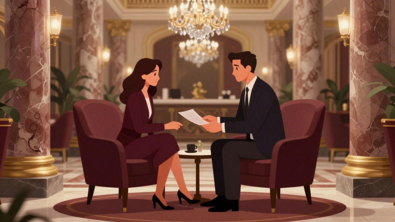 Professional couple meeting discreetly in luxury hotel lobby