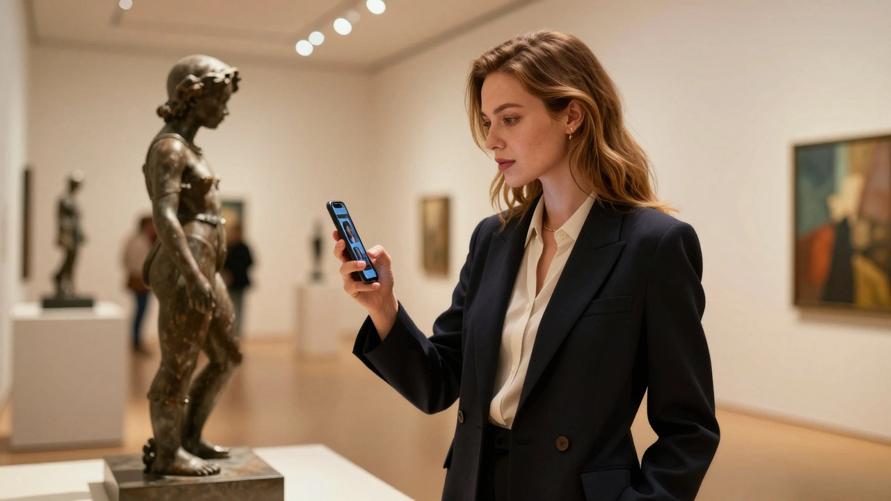 Professional woman at art gallery showcasing cultural interests