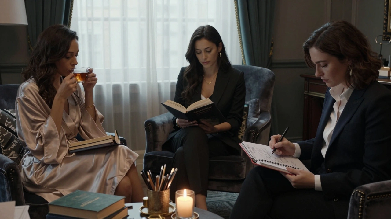 Three individuals in a quiet hotel room, each embodying a different escort type — academic, artist, professional — in serene, personal settings.