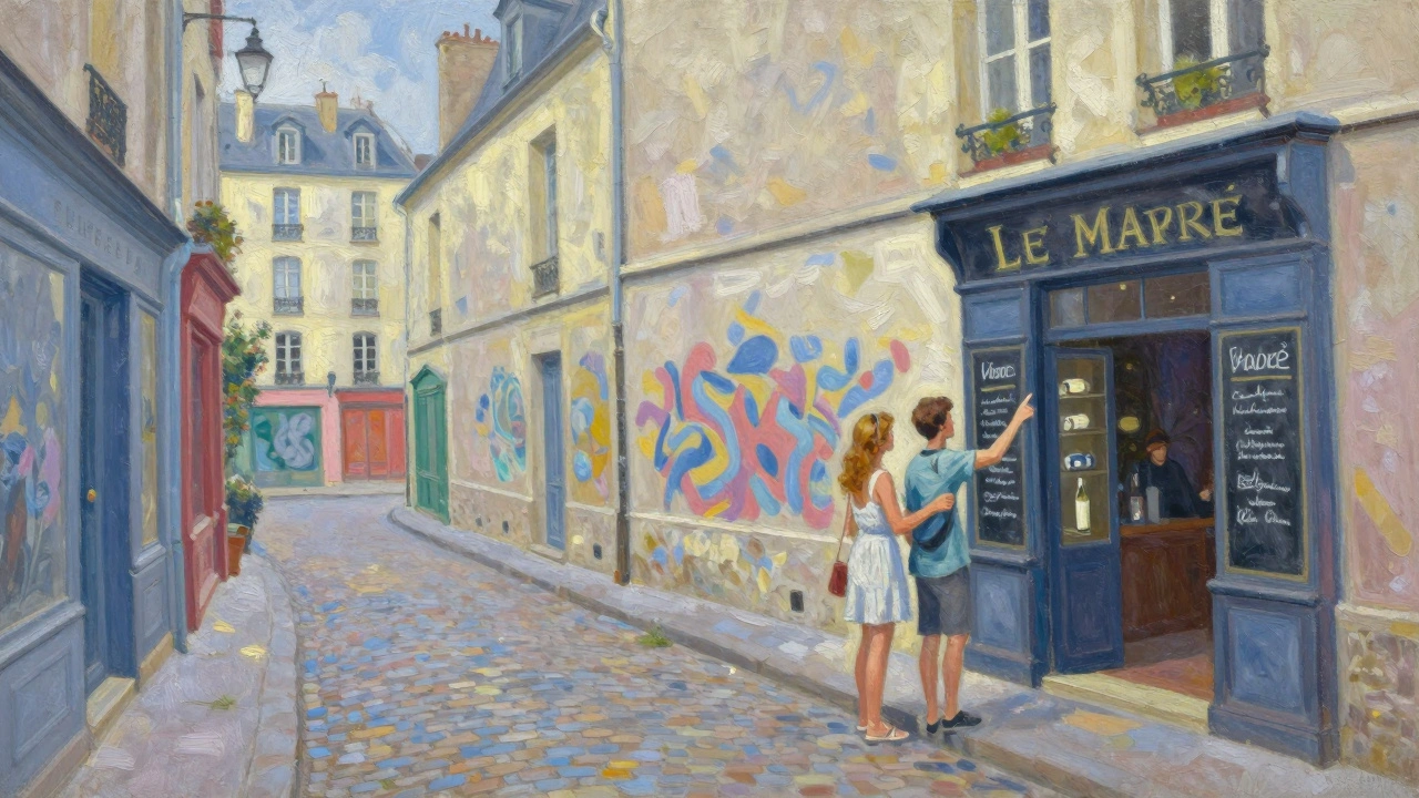 Traveler and companion exploring Le Marais street art and wine bar