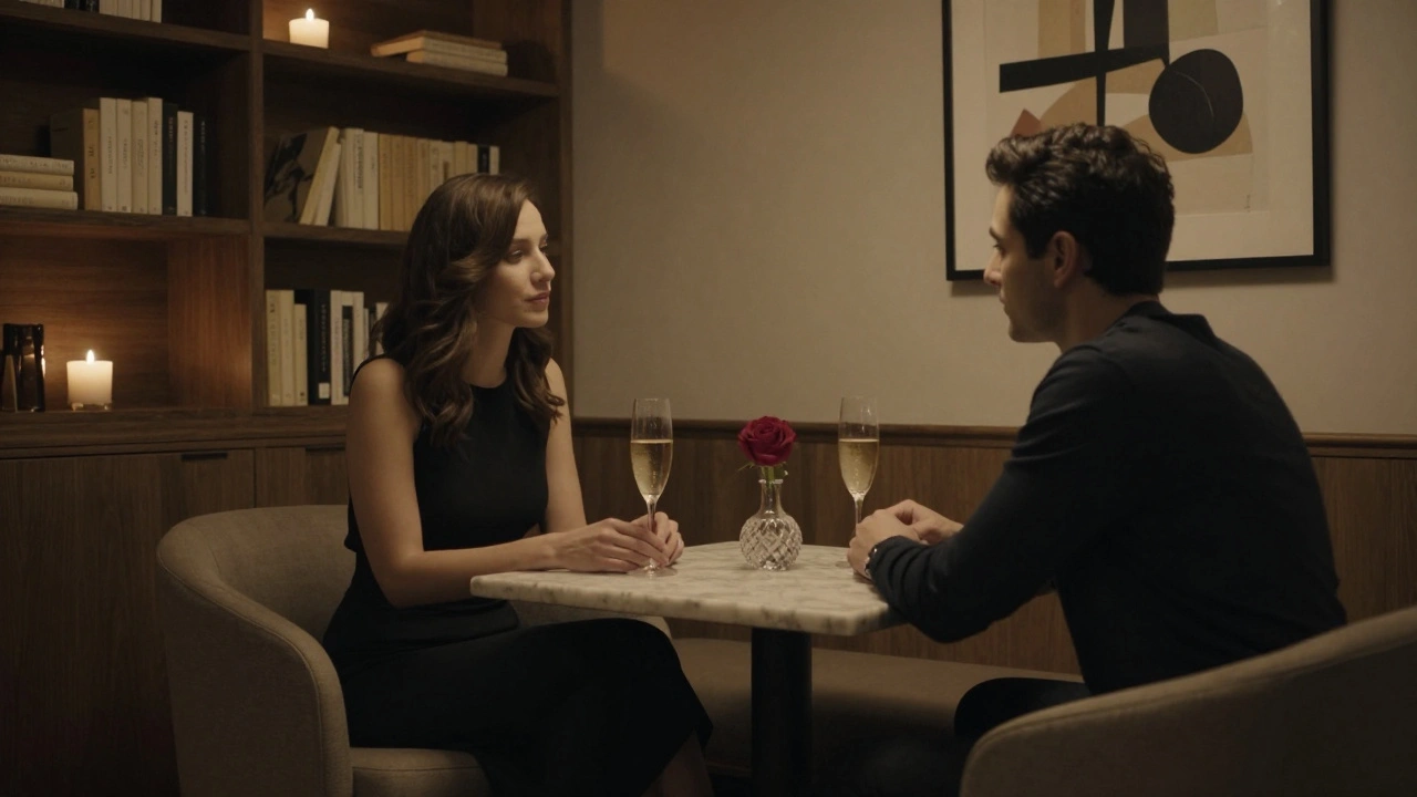 Two people sit in a dimly lit hotel lounge, sharing champagne and quiet conversation over a marble table.