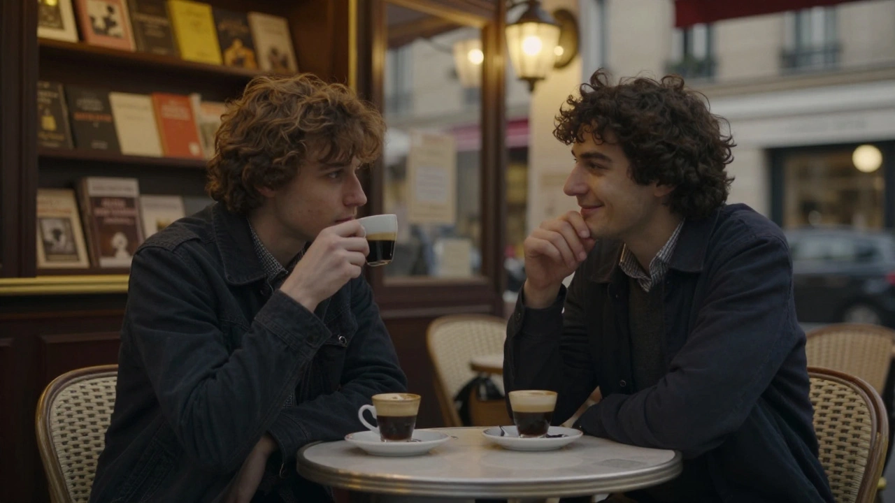 Two people talking softly over coffee at a Paris café, no phones, warm twilight atmosphere.