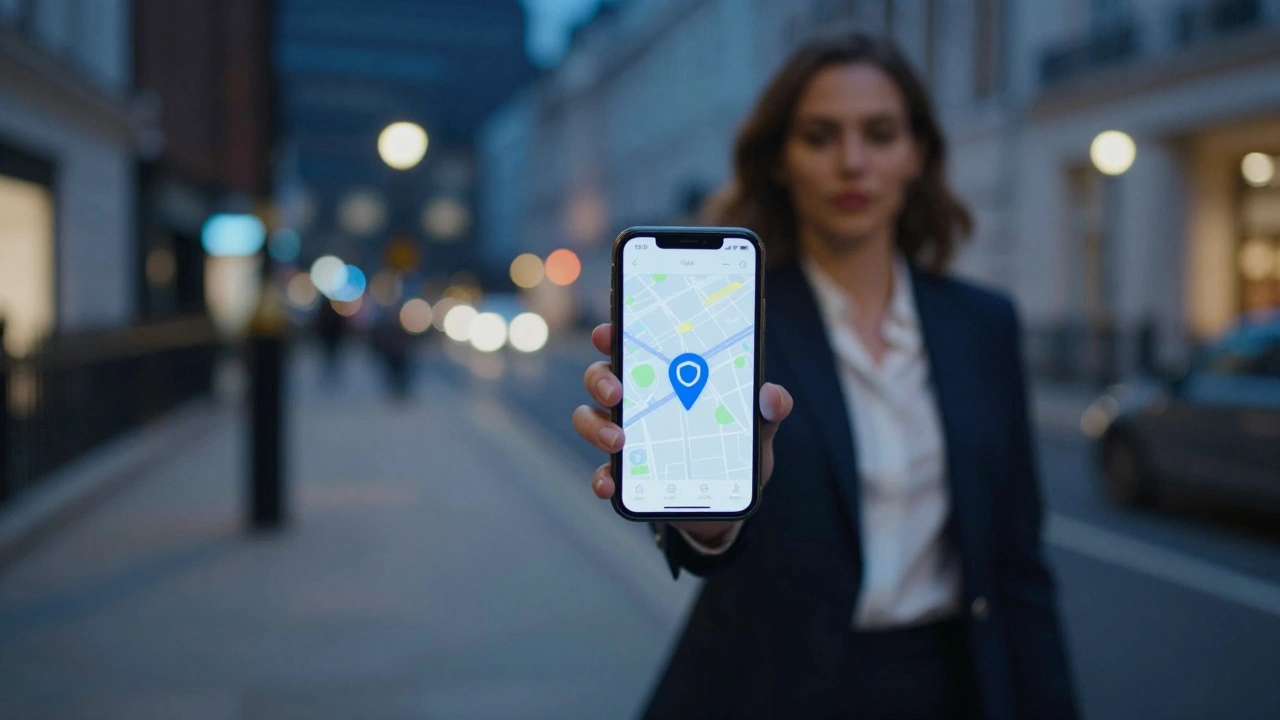 Woman walking at night with live location sharing on phone