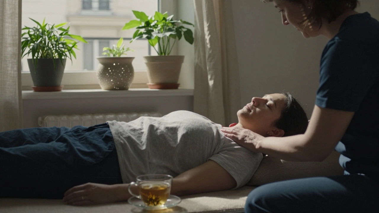 A calming wellness moment in a sunlit Paris apartment, with gentle human touch and natural light filtering through linen curtains.