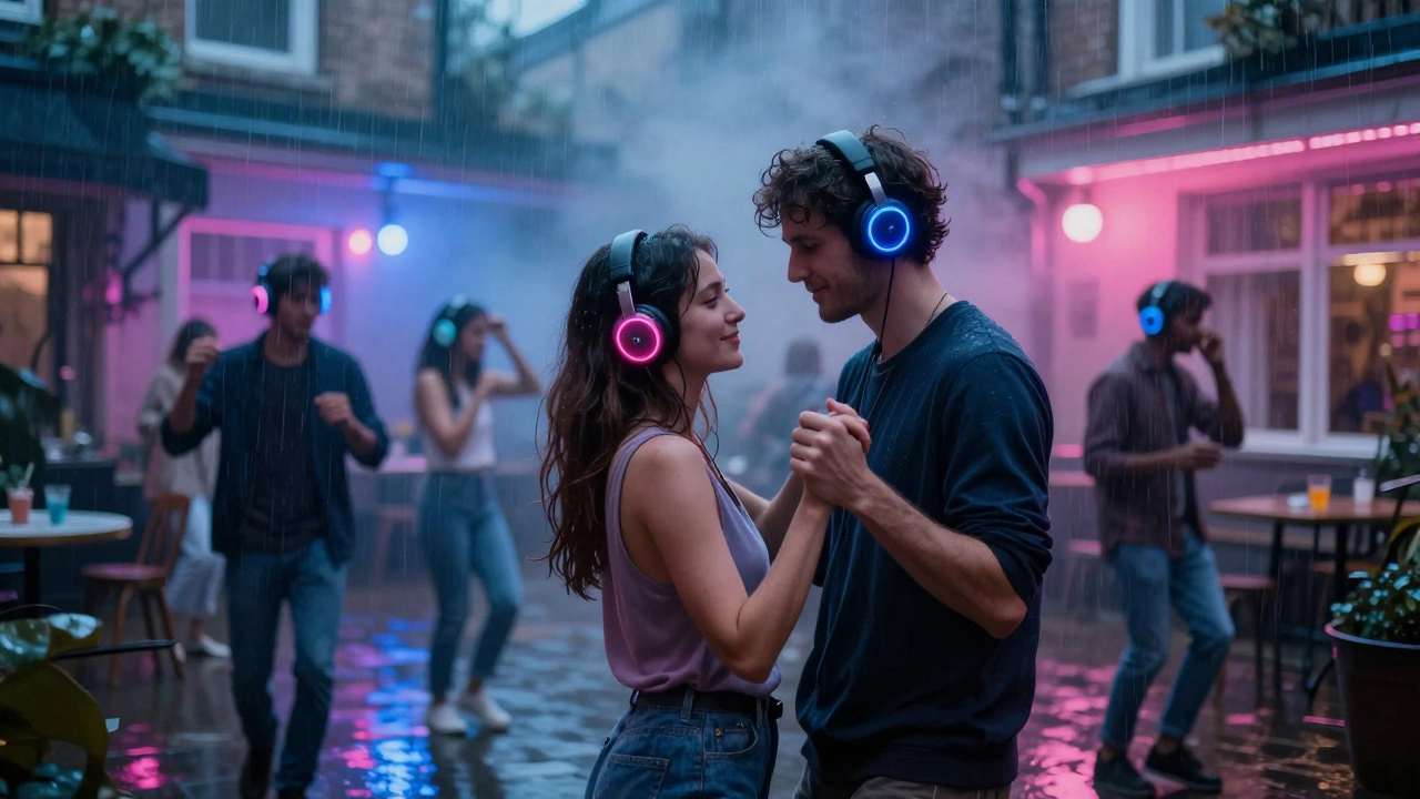 A couple dancing silently in a rainy Covent Garden courtyard, wearing colorful headphones under soft neon lights.