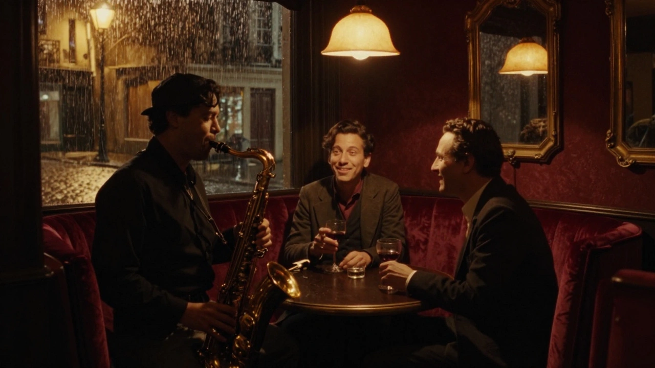 A couple in a hidden Montmartre jazz bar, laughing under soft lamplight as a saxophonist plays nearby.