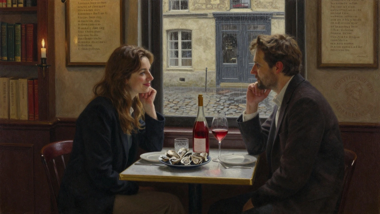 A couple shares a quiet dinner in a hidden Parisian bistro, candlelight reflecting off wine glasses and vintage books on the wall.