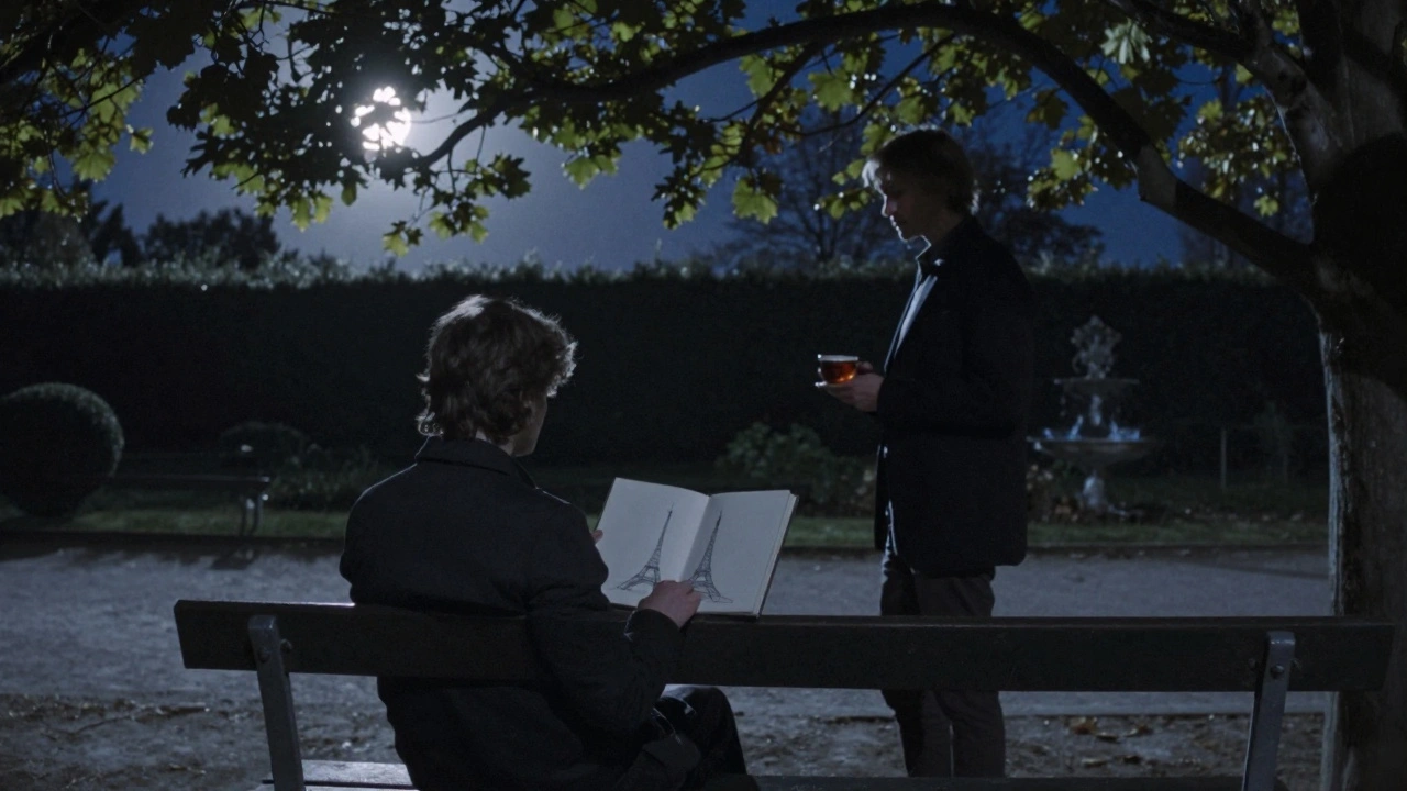 A figure sketches under moonlight in Parc de Vincennes, another offers tea—silent, serene connection at midnight.