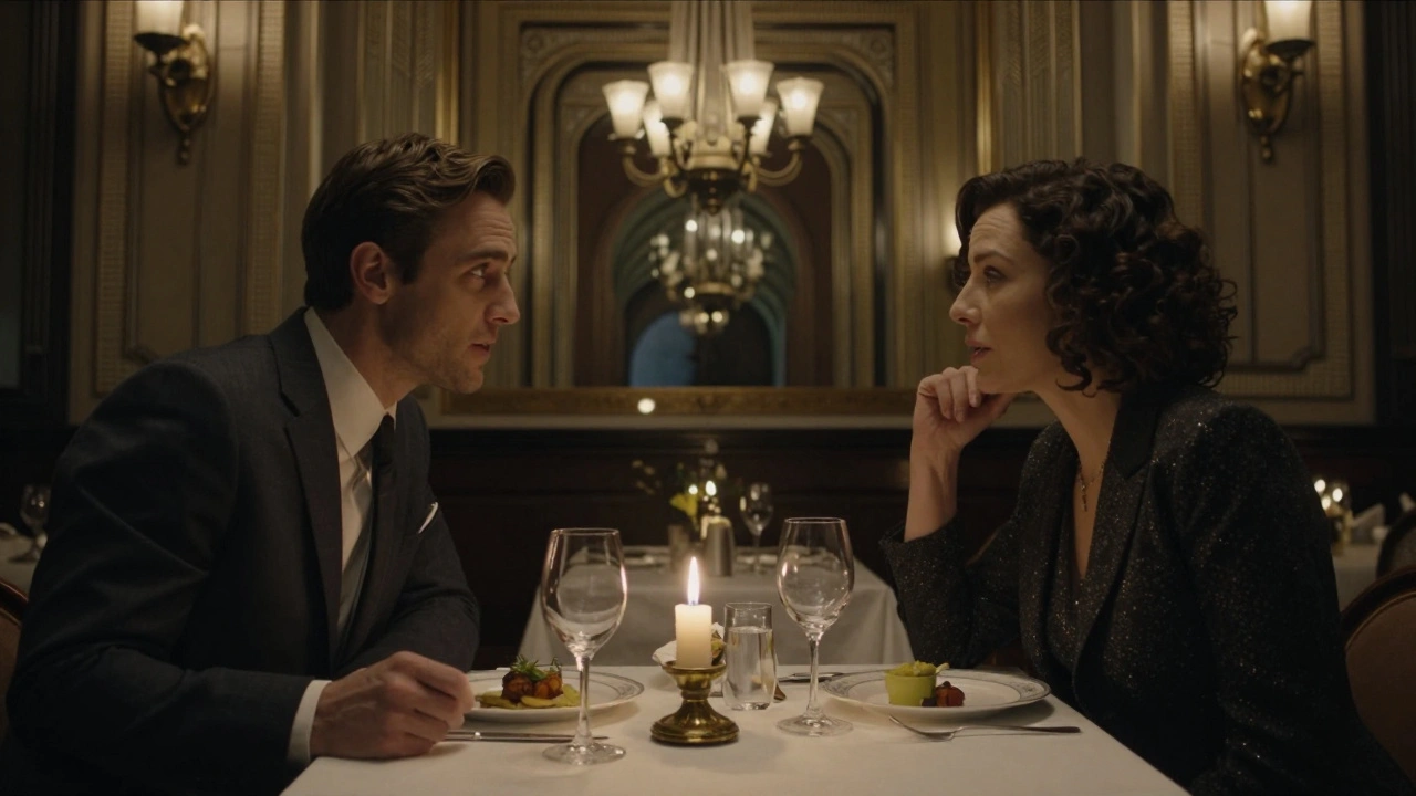 A man and woman having a thoughtful conversation over dinner in an elegant Art Deco dining room.