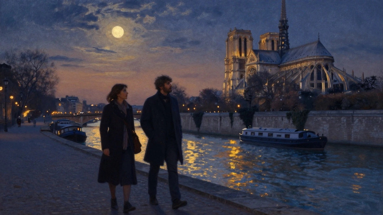 A man and woman walking along the Seine at sunset, the Eiffel Tower glowing in the distance.