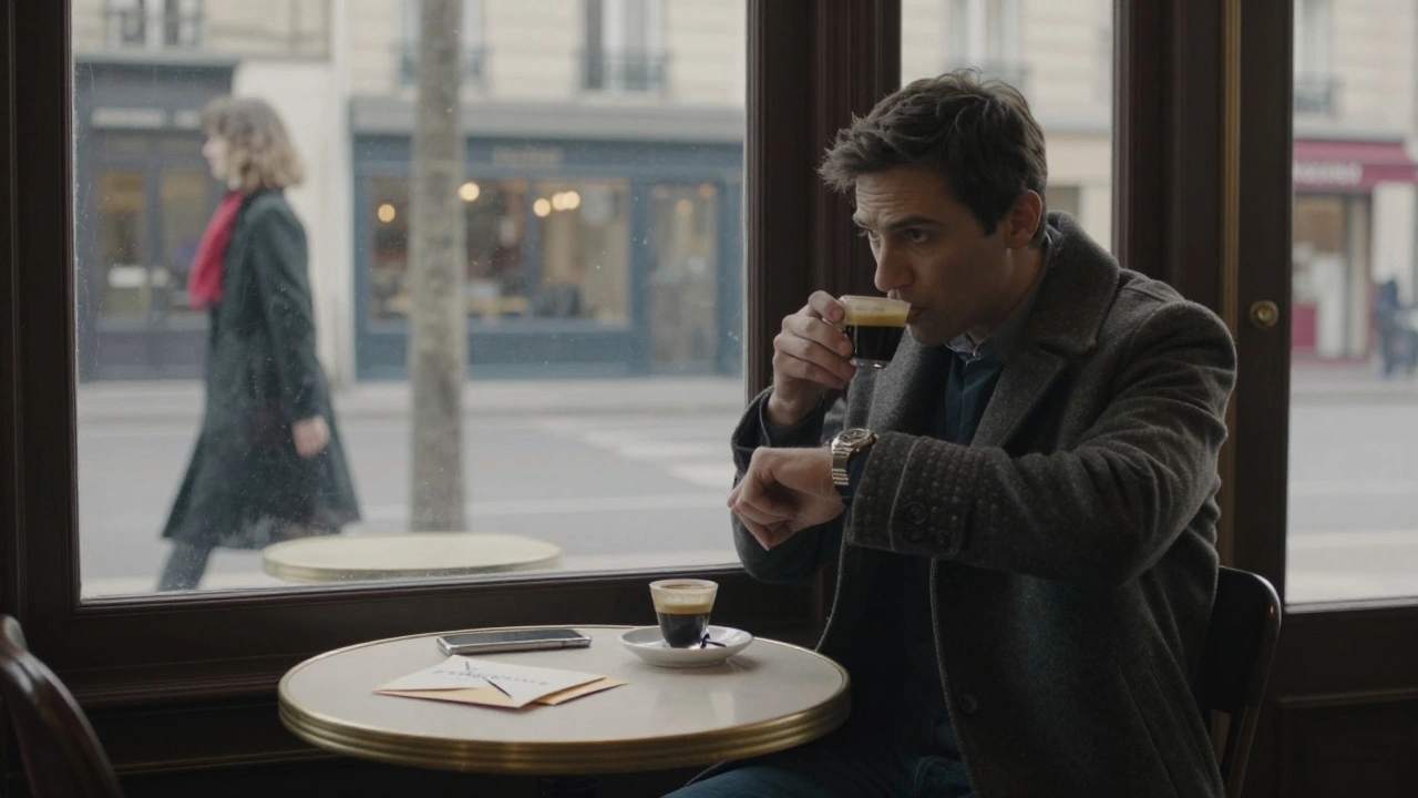 A man sits alone in a Paris café at dawn, an empty chair and a folded napkin with a phone number before him.