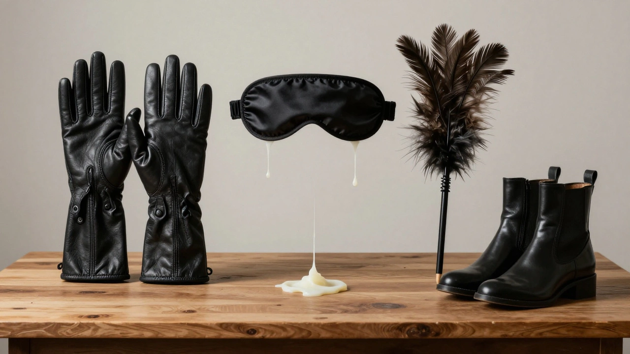 A neatly arranged still life of fetish tools — gloves, blindfold, wax, and boots — symbolizing professional, artistic kink services.