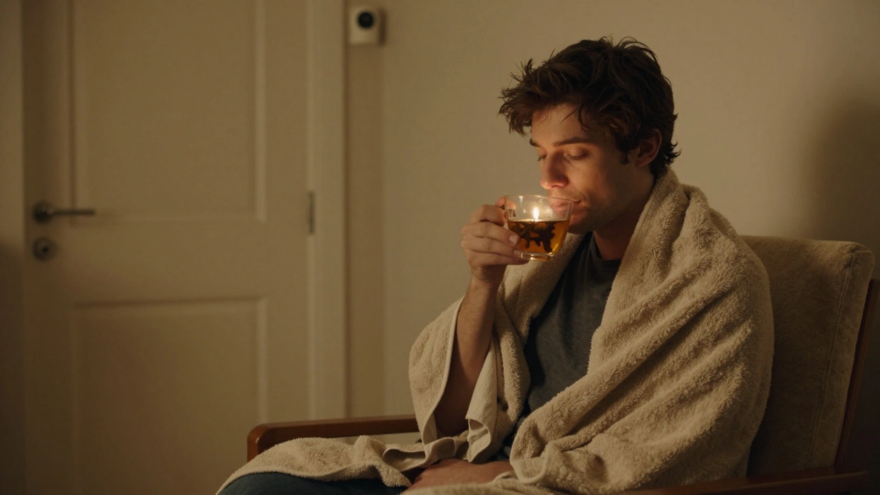 A person sitting peacefully after a massage, wrapped in a towel, sipping tea in a calm, softly lit studio.