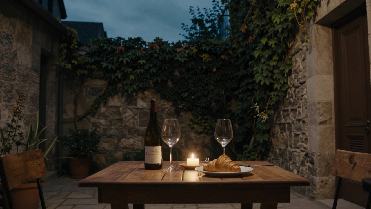 A private dinner in a hidden courtyard behind Gare de Lyon, with wine, croissant, and candlelight under dusk skies.