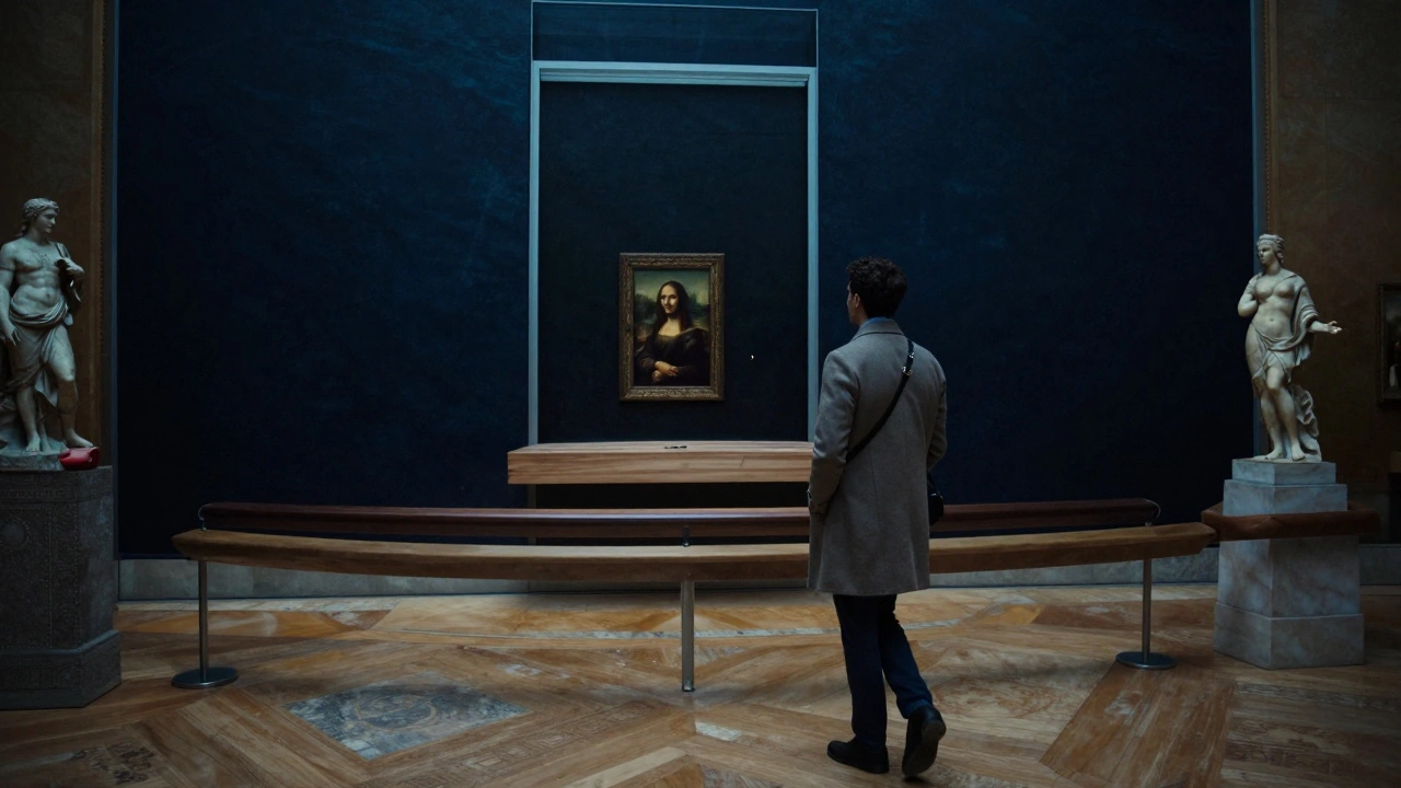 A private tour of the Louvre after hours, with a companion and client admiring art in serene, dim lighting.
