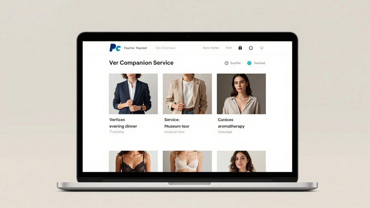 A professional companion service website listing non-sexual services like museum tours and aromatherapy.