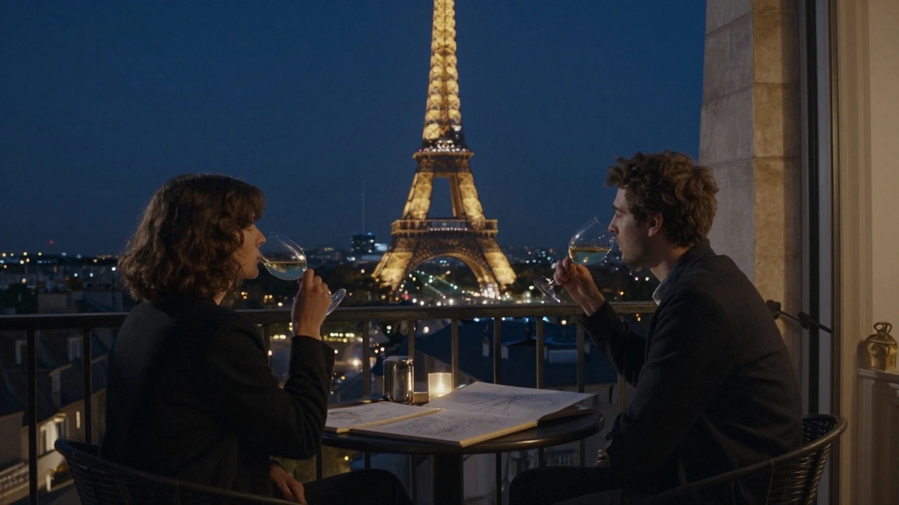 A quiet balcony scene at night with the Eiffel Tower glowing, two figures sharing peaceful silence.