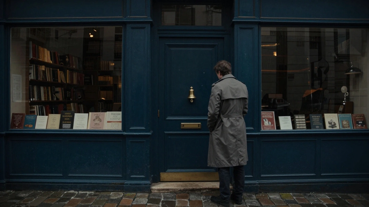 A quiet Parisian door in Montmartre between a bakery and a vintage shop, rain-slicked cobblestones outside.