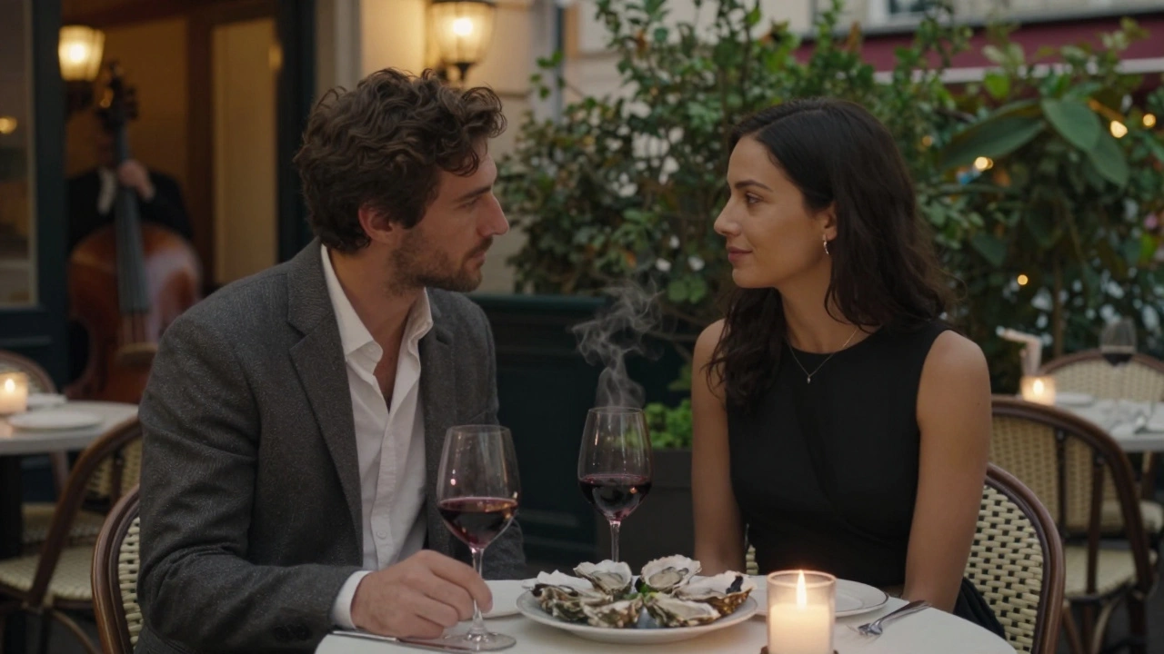 A refined couple shares a quiet evening on a candlelit terrace in Paris 8, sipping wine and enjoying oysters under soft lantern light.