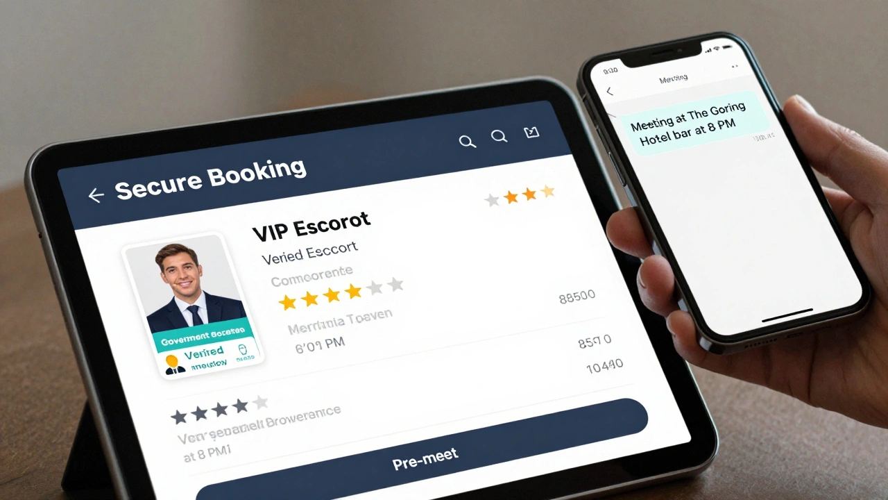 A secure booking platform showing verified escort profile with ID verification and pre-meet call option.