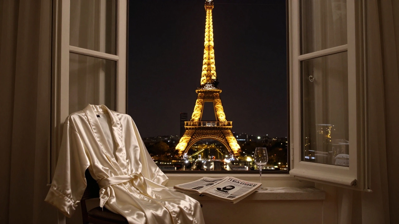 A serene Paris apartment window offers a view of the sparkling Eiffel Tower at midnight, with a wine glass and literary journal nearby.