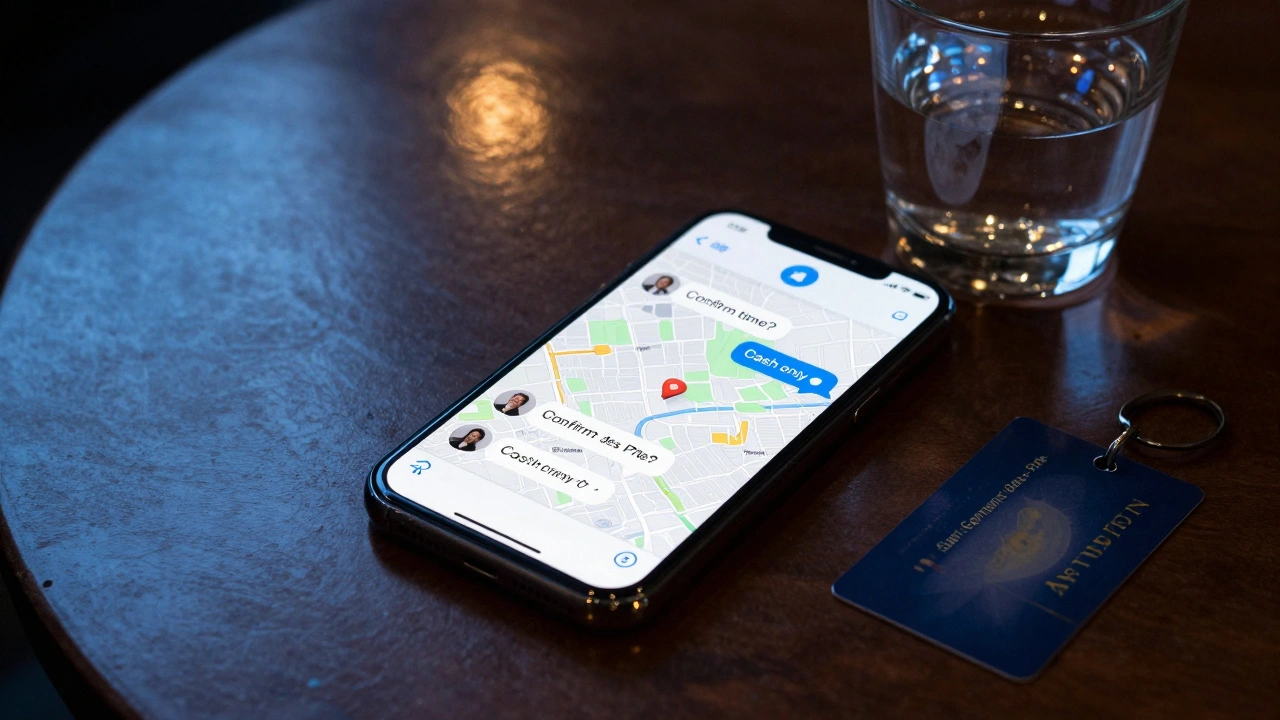 A smartphone shows a Telegram chat with encrypted messages and a hotel keycard on a wooden table, no faces visible.