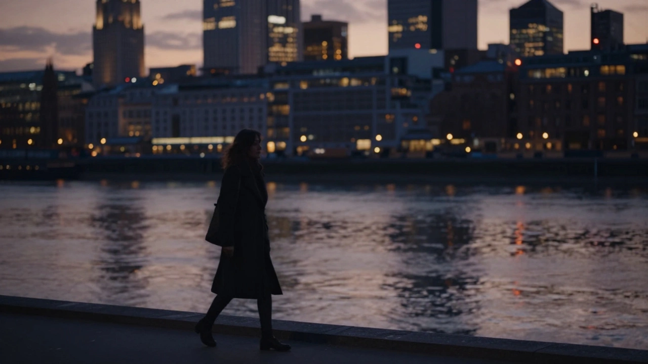 A solitary figure walks along the Thames at dusk, their reflection blending softly with the city lights.