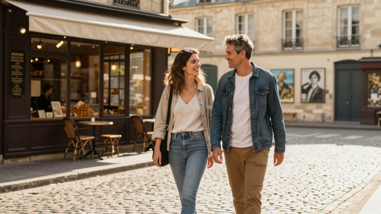 A woman and man walking side by side through Le Marais during golden hour, passing a bakery and art galleries.
